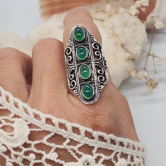 Silver 925 Ring Genuine Green Chalcedony Stone Tribal Boho Ethnic Jewelry - Picture 10 of 11